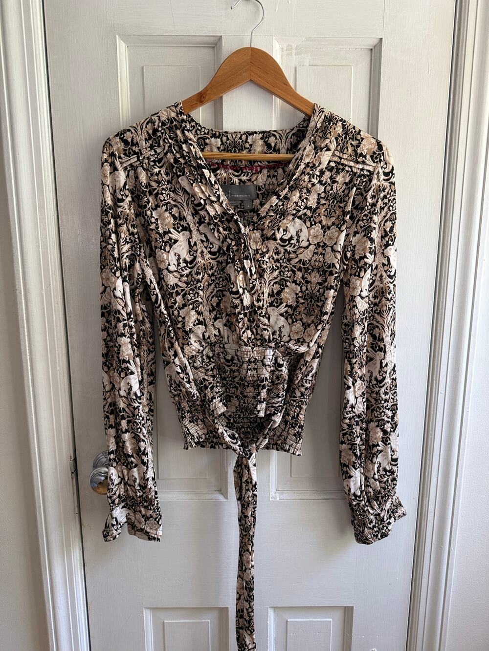 Anthropologie Black & Cream Paisley Long Sleeve Wrap Tie Blouse - Size M